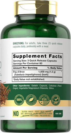 Carlyle PAU D'Arco Capsules | 1500mg | 180 Count | Non-GMO Gluten | Herbal Supplement