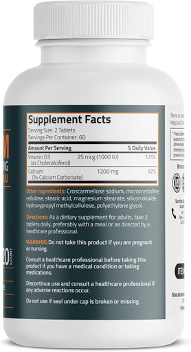 Bronson Calcium 1200 Mg Per Serving Plus Vitamin D3 1000 Iu High Potency Formula, Non-Gmo, 120 Tablets