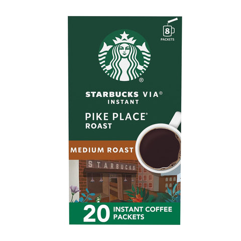 Starbucks VIA Instant Coffee, Medium Roast Coffee, Pike Place Roast, 100% Arabica, Single-Serve, 1 Box (50 Packets) | 100% Arabica instant coffee packets; Pike Place Roast medium roast; 1 box, 50 packets