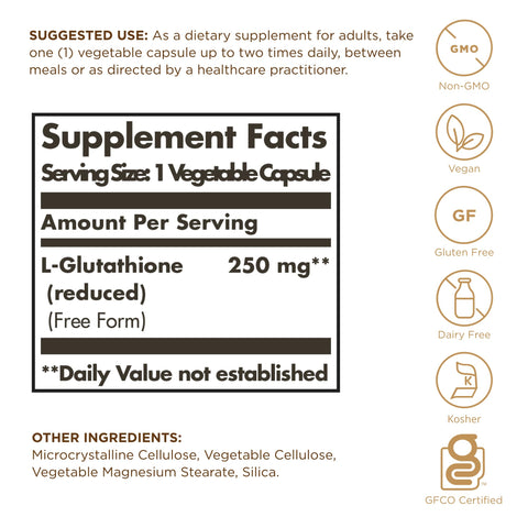 Solgar Reduced L-Glutathione 250 Mg - 60 Vegetable Capsules - Antioxidant Support - Non-Gmo Vegan Gluten Free Dairy Free Kosher 60 Servings