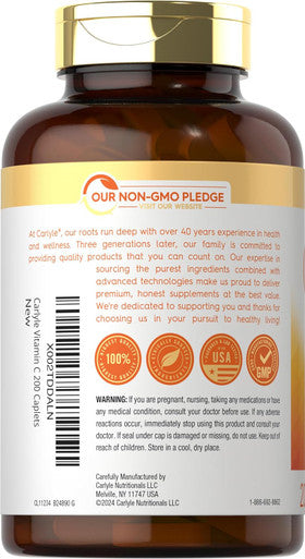 Carlyle Vitamin C with Rose HIPS 500mg | 200 Caplets | High Potency Formula | Vegetarian Non-GMO and Gluten Supplement
