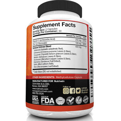 Nutrivein Immune Support - Boost Your Immune System with Elderberry, Zinc, Vitamin C, Garlic & Echinacea Prebiotics - 1600MG Daily Dose - Supports Healthy Lifestyle and Relief - 60 Capsules