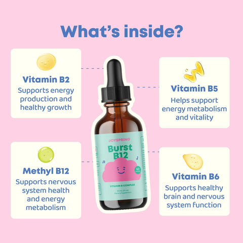JoySpring Burst B12 Drops Vitamin B Complex for Kids with Methyl B12 Supplement to Support Healthy Growth and Development Vegan Liquid B12 Drops Ages 316+ 2 fl oz (60 Servings)