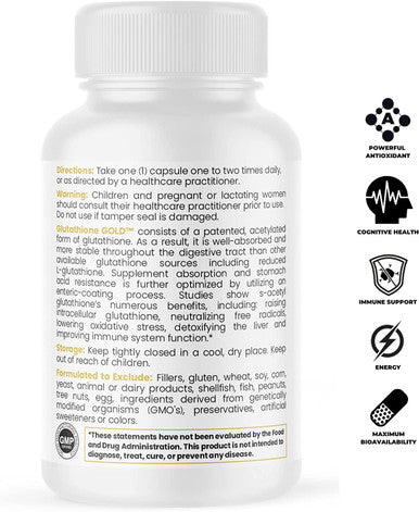 SAcetyl Glutathione Gold 300mg PER Capsule 60 DRcaps AcidResistant ExtraStrength Patented Acetylated Form of Glutathione Emothion Pharmaceutical Grade Freeof Harmful Stearates
