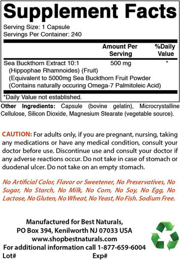 Best Naturals Sea Buckthorn Oil Powder Capsules 5000 mg Equiavelnt 240 Capsules - Non-GMO Gluten - Contains Naturally Occuring Omega-7 Palmetoleic Acid