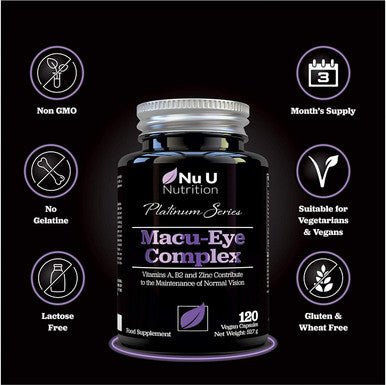 Macu Eye Supplement 120 Vegan Capsules, 4 Month Supply with Lutein, Zeaxanthin, Bilberry Extract, Beta Carotene & Eye Vitamins A, B2 & E Plus Zinc for Maintenance of Normal Vision, Made in The UK