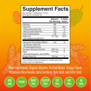Maryruth Organics | Liposomal Turmeric & DHA | Curcumin | Ginger Root Oil | Algal DHA & Vitamin E | Cognitive Function | Mood Support | Joint Health | Liquid Supplement | 15.22 oz