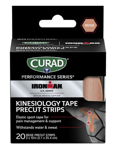 Curad Performance Series IRONMAN Kinesiology Tape Pain Management Technology Sweat & Water-Resistant Athletic Tape Compression Support for Joints & Muscles Beige 2 x 10 inches 1 Roll (20 Strips)