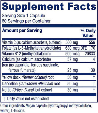 Vitanica Iron Extra Iron Supplement Enhanced Absorption with Vitamin C 500mg Methylfolate 400mcg B12 Vitamin 500mcg Calcium Yellow Dock Dandelion Root & Nettle Leaf Extract Vegan 60 Capsules