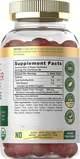 Carlyle Organic Apple Cider Vinegar Gummies | 120 Count | USDA Certified Organic | Vegan, Non-GMO & Gluten-Free ACV Gummies | Natural Apple Flavor