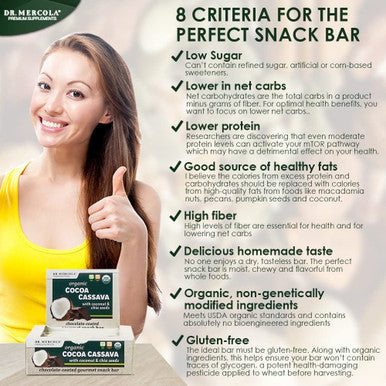 Dr. Mercola, Organic Cocoa Cassava with Coconut and Chia Seeds, 1 Box (12 Bars), Chocolate-Coated Gourmet Snack Bar, Non GMO, Soy , Gluten , USDA Organic