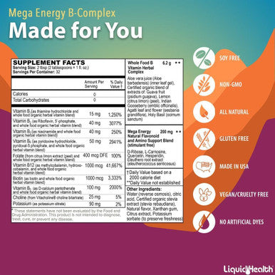 Liquidhealth Mega Energy Methylated B-Complex Adult Liquid Vitamin Supplement - Increase Energy Relieve Stress & Fatigue Immune System Support Heart & Gut Health - Vegan Sugar- (2 Pack)