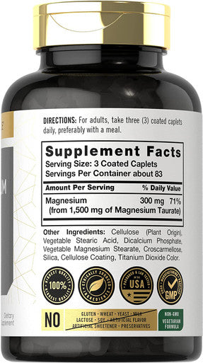 Magnesium Taurate 1500mg 250 Caplets Vegetarian Non GMO Gluten Free Supplement by Carlyle