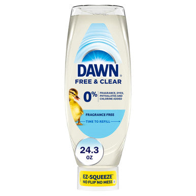 Dawn Free & Clear Ez-Squeeze Dish Soap Liquid Dishwashing Liquid Grease Removal Upside Down Bottle Unscented 24.3 Fl Oz