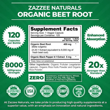 Zazzee Usda Organic Beet Root 20:1 Extract, 8000 Mg Strength, Enhanced Absorption With Organic Black Pepper Extract, 120 Vegan