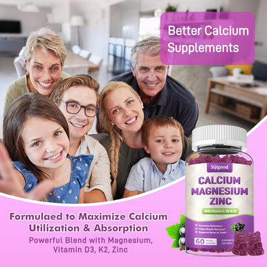 Calcium Magnesium Zinc Gummies - 1000Mg Calcium With Vitamin D3 & K2, Calcium Citrate Gummies For Bone, Muscle, Calm & Zzz Support -High Absorption Magnesium, Elderberry Flavored, 60 Count