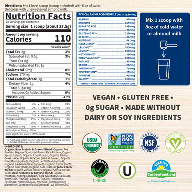 Garden of Life Raw Organic Protein & Greens - Vanilla - Vegan Protein Powder For Women And Men Plant Protein Pea Protein Greens & Probiotics - Dairy Free Gluten Free Low Carb Shake 20 Servings