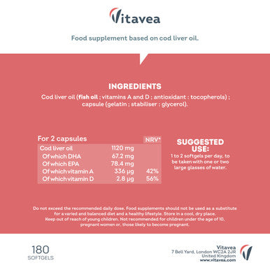 Cod Liver Oil 1120mg Omega-3 DHA & EPA Fish Oil with Vitamins A & D Supports Immune System Heart Brain & Vision Cod Liver Oil Capsules 180 Softgels (6-Month Supply) Vitavea