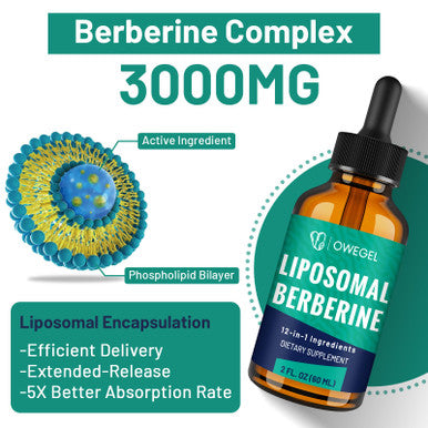 owegel Berberine HCL Supplement with Ceylon Cinnamon - Highly Absorbable Liposomal Berberine Liquid Drops 3000mg- 12 in 1 Natural Ingredients - AMPK Activator - 2 Fl Oz