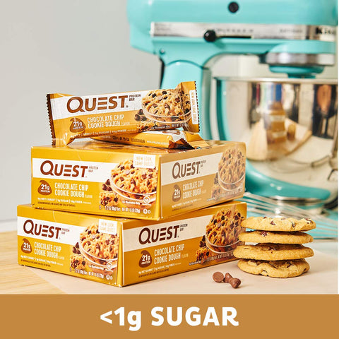 Quest Nutrition Protein Bar, Chocolate Chip Cookie Dough, 21g Protein, 4g Net Carbs, 190 Cals, Low Carb, Gluten Free, Soy Free, 2.12oz Bar, 1 Count