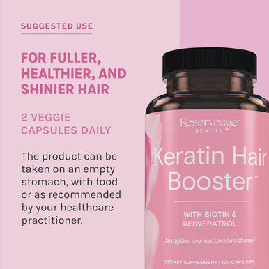 Reserveage Beauty, Keratin Hair Booster With Biotin & Resveratrol, Hair And Nail Growth Supplement For Men And Women, Supports Healthy Thickness And Shine With Biotin, 120 Capsules (60 Servings)