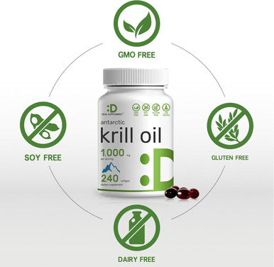 Deal Supplement Antarctic Krill Oil 1000mg Per Serving 240 Softgels Mercury No Fishy Taste Rich in Omega-3s EPA DHA Astaxanthin & Phospholipids Non-GMO No Gluten