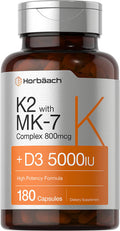 Vitamin K2 Mk7 With D3 | 180 Capsules | 800 Mcg Complex Plus Mk4 | 5000 Iu Of D3 | Non-Gmo, Gluten Free | Vitamin Supplement By Horbaach