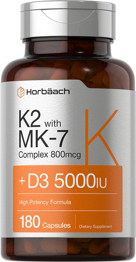 Vitamin K2 Mk7 With D3 | 180 Capsules | 800 Mcg Complex Plus Mk4 | 5000 Iu Of D3 | Non-Gmo, Gluten Free | Vitamin Supplement By Horbaach