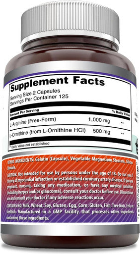 Amazing Nutrition Formulas L-Arginine/L-Ornithine 1500 Mg Per Serving Capsules | Non-GMO | Gluten | Amino Acid Supplement (250 Count)