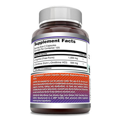 Amazing Formulas L-Arginine/L-Ornithine 1500 Mg Per Serving, Capsules | Non-Gmo | Gluten Free | Amino Acid Supplement (250 Count)