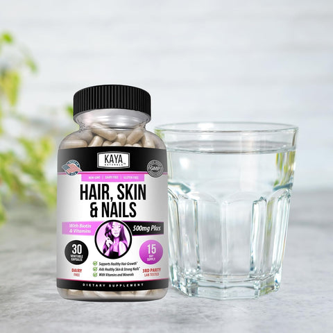 Kaya Naturals Hair Skin Nail Capsules BIOTIN Vitamin D Vitamin B12 A Folic Acid Support Hair Support Vitamin Supplement 180 Count