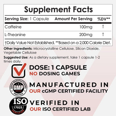 Caffeine and LTheanine Capsules 60 Pills Contains 100mg of Caffeine and 200mg of LTheanine Natural Nootropic Supplement Energy Booster Mental Focus Alertness Coffee Alternative