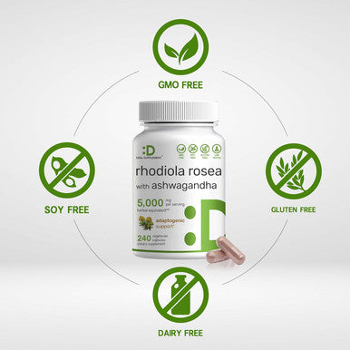 Deal Supplement Rhodiola Rosea with Ashwagandha 5000mg Per Serving 240 Veggie Capsules Max Strength 10:1 Root Extract Adaptogenic Supplements for Relaxation Energy & Brain Health Non-GMO