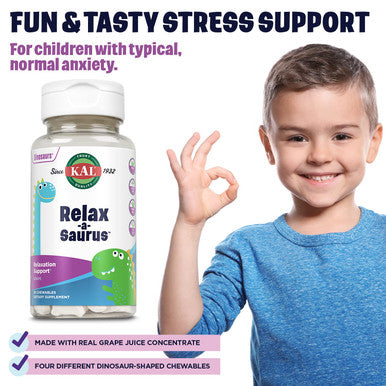KAL Relax-a-Saurus, Stress Support Supplement for Kids, L-Theanine for Children with Herbal Stress Relief & Relaxation & Blend, Delicious Natural Grape Flavor, 60-Day , 30 Chewables