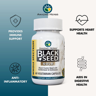 Amazing Herbs Whole Spectrum Black Seed Gold - Black Cumin Seed With Goldenseal & Ecea, Gluten-Free & Non-Gmo, Immune Support, Promotes Health & Wellness - 60 Count