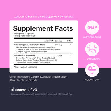 Obvi Burn Elite | Supports Metabolism Boost Energy and Focus | Supplement with Collagen and Green Tea | Supports Healthy Hair Skin Nails and Joints | 60 Capsules 30 Servings