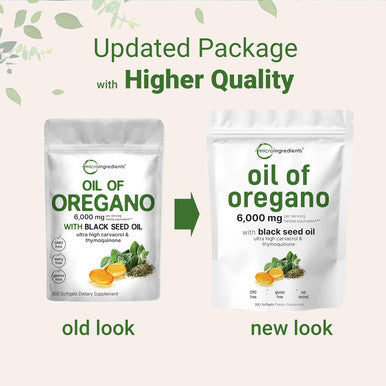 Micro Ingredients Oil of Oregano Softgels 6000mg Per Serving 300 Count | 2 in 1 Formulated with Black Seed Oil 200mg 4X Strength Carvacrol & Thymoquinone | Plant Based Non-GMO & Immune Support