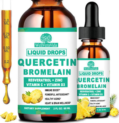 WellVeraVida Quercetinth BromelainQuercetin 1000mg and Bromelain 500mg Liquid Drops | Quercetin Supplements Extract with Zinc Vit C & D3 for Immune Antioxidant and Respiratory Support Capsule Alternative Vegan