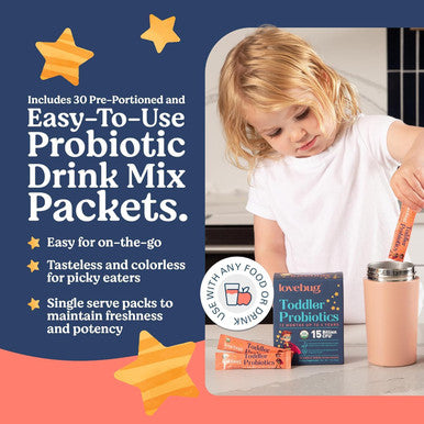 Lovebug Award Winning Probiotics Constipation and Stomach Discomfort Softer Bowel Movements Easy-to-Take Powder Ages 12 Months to 4 Years 60 Packets
