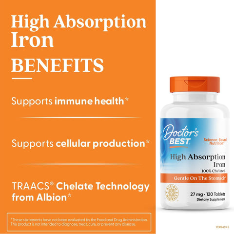 Doctor'S Best High Absorption Iron Tablet With Ferrochel Gentle On The Stomach Immune Health Blood Health 27 Mg