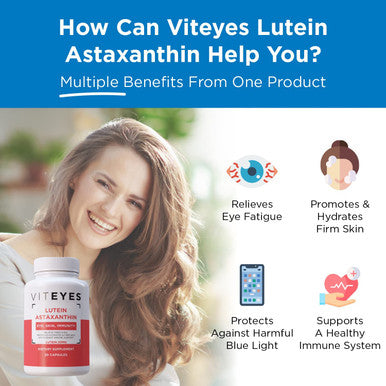 Viteyes Lutein Astaxanthin Relieve Eye Fatigue Hydrate Firm Skin Blue Light Protection Immune Support 20 mg Lutein 4 mg Astaxanthin Eye Vitamins Doctor Trusted Brand 30 Capsules