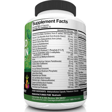 Nutrivein Food Multivitamin - Complete Daily Vitamins for Men and Women from Foods, Real Raw Veggies, s, Vitamin E, A, B Complex - 30 Day Supply (120 Capsules, Four Daily)