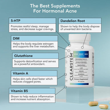 Clearstem - Mindbodyskin Hormonal Acne Supplement (5-Htp) - Natural Dim Supplement - Skin Care Vitamins - Hormone Balance, Antioxidants - Vegan, Gluten Free, Cruelty - 30 Servings, 90 Capsules