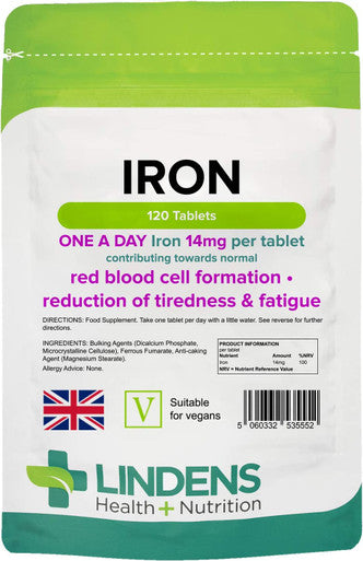 Lindens Iron 14mg - 120 Vegan Tablets - Reduce Tiredness, Increase Energy | Creates Healthy Red Blood Cells | Normal Oxygen Transportation | (4 Months Supply) | UK Manufacturer, Letterbox Friendly