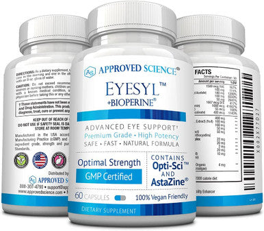 Approved Science EyeSyl Eye Health Supplement Protect Against Eye Strain Dry Eyes Eye Fatigue Chromium Picolinate Taurine Lutein Zeaxanthin Bilberry BioPerine 3 Bottles Made in USA