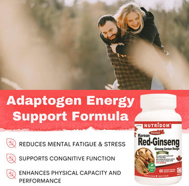 Nutridom Korean Red Panax Ginseng 500mg | 60 Vegan capsules | High Strength 8% Ginsenosides | Boosts Energy, Mood, Focused Strength, Enhanced Stamina Performance | Non-GMO, Made In Canada