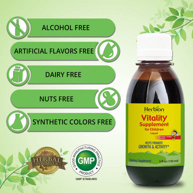Herbion Naturals Vitality Supplement for ChildrenPromotes Growth and AppetiteRelieves FatigueImproves Mental and Physical Performance Boosts Energy 5 fl oz. For Kids 1 Year and Above.