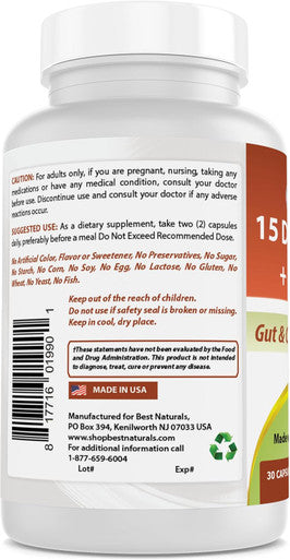 Best Naturals 15 Day Gut & Colon Cleanse + Probiotics for Women & Men with Senna Cascara Sagrada & Psyllium Husk- 30 Capsules - Non-GMO & Gluten .