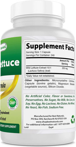 Best Naturals Wild Lettuce 10:1 Extract 250 mg (Equivalent to 2500 mg Wild Lettuce Powder) - 240 Capsules