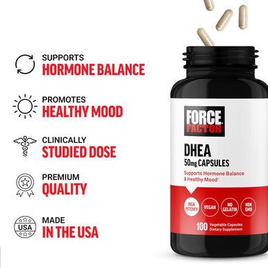 Force Factor DHEA 50mg DHEA Supplement for Women and Men to Support Hormone Balance and Healthy Mood Premium Quality Vegan Friendly Non-GMO 100 Vegetable Capsules